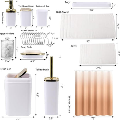 White Bathroom Accessories, 24 Pieces White Bathroom Accessories Set with Shower Curtain, Bath Towels, Trash Can, Soap Dispenser and Soap Dish for Bathroom/Housewarming