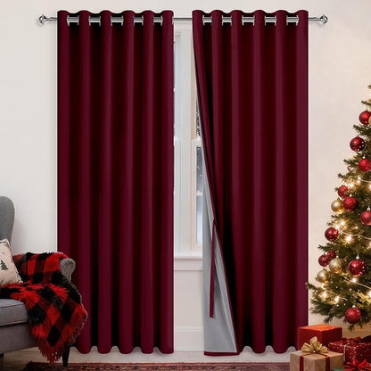 XWZO 100% Blackout Curtain Panels - Thermal Insulated Black Liner Curtains, Noise Reducing and Heat Blocking Drapes for Hall and Studio Windows with Tiebacks, Burgundy, W70 x L84, Set of 2