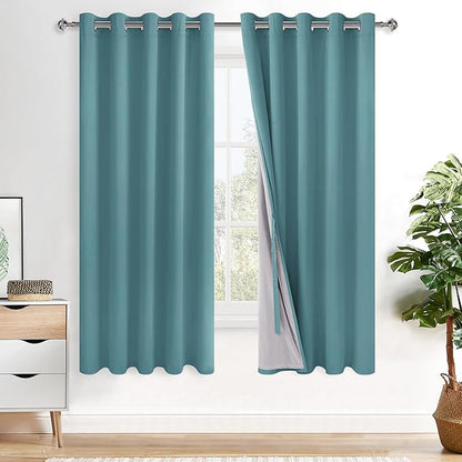 XWZO 100% Blackout Curtains - Thermal Insulated Black Liner Curtains, Noise Reducing and Heat Blocking Drapes for Hall and Studio Windows with Tiebacks, Stone Blue, W60 x L63, Set of 2
