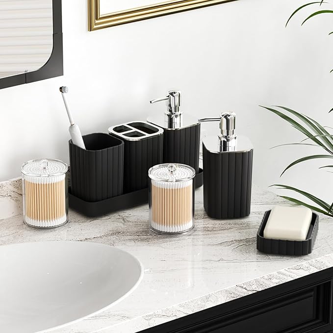 Bathroom Accessories Set - Gorgeous Bathroom Set, 10PC Black Bathroom Accessory Set, Toilet Brush, Trash Can, Qtip Holder Dispenser & Soap Dispenser