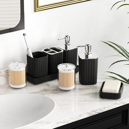 Bathroom Accessories Set - Gorgeous Bathroom Set, 10PC Black Bathroom Accessory Set, Toilet Brush, Trash Can, Qtip Holder Dispenser & Soap Dispenser