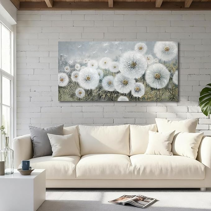Ardemy Dandelion Wall Art Large Floral Pictures Wall Decor Living Room Flowers Paintings Textured Artwork for Walls Bedroom Kitchen Dining Room Home Office, 48"x24"