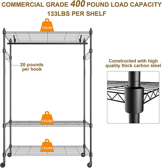 Rolling Garment Rack with Adjustable Wire Shelf, 3 Tired Clothes Rack including 1 Clothes Hanging Bar, 1 Roating Hanger Hooks - Hold Up to 400Lbs (Black, 1Rod 1Hook)