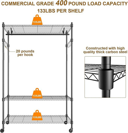 Rolling Garment Rack with Adjustable Wire Shelf, 3 Tired Clothes Rack including 1 Clothes Hanging Bar, 1 Roating Hanger Hooks - Hold Up to 400Lbs (Black, 1Rod 1Hook)