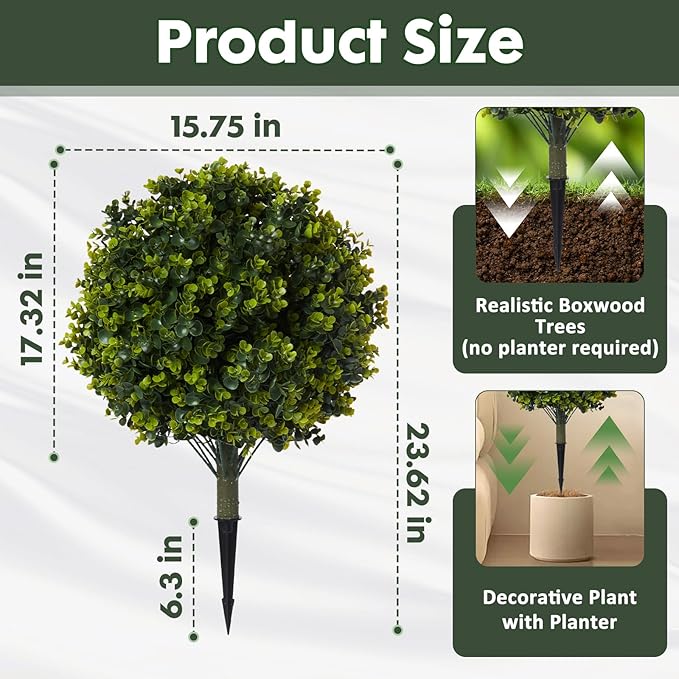 Pair(2) Artificial Boxwood Topiary Ball Bush for Outdoor with Ground Spike,30" UV Resistant Faux Boxwood Ball Tree, Fake Green Boxwood Plants for Garden, Yard, Porch, Patio Decor