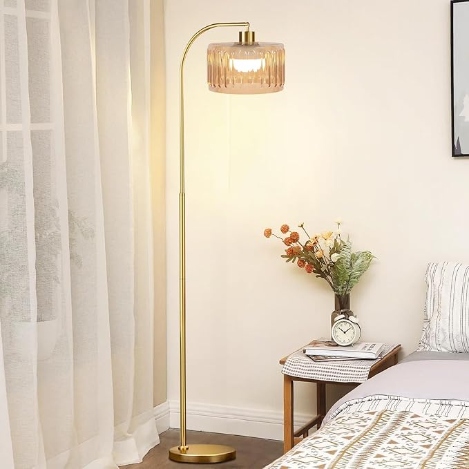 Gold Floor Lamp for Living Room,Bedroom,Mid Century Modern Standing Lamp with Remote,Dimmable Brass Tall Lamp Glass Lamp Vintage Retro Arc Floor Lamps Flower Floor Light Boho Bohemian