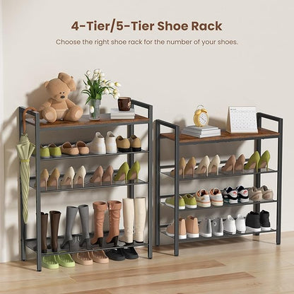 4 Tier Shoe Rack for Front Door Entrance, Shoe Rack for Entryway, Metal Shoe Organizer Heavy Duty with Wooden Top & Adjustable Mesh Shelves, Shoe Storage for Closet Bedroom Bathroom Dorm Garage