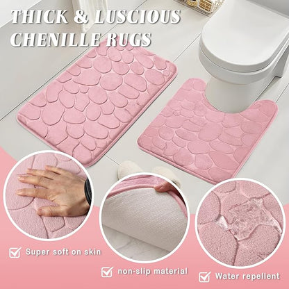 Pink Bathroom Set with Shower Curtain and Rugs- 25PC Bathroom Accessory Set, Pink Shower Curtain Set, Toilet Brush, Trash Can, Qtip Holder Dispenser & Soap Dispenser