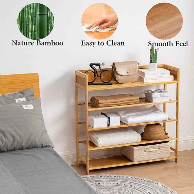 Bamboo Shoe Rack Organizer, 5 Tier Shoe Shelf Storage Organizer, for Entryway, Hallway, and Closet (Nature-31.5)