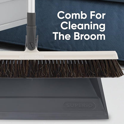 Superio 18" Horse Hair Upright Broom with Telescopic Handle & 16" Gray Dustpan with Comb, Rubber Lip & Clip – Narrow Thin Dust Broom for Dog Hair – Hardwood & Tile Floor Cleaning Set – Gray