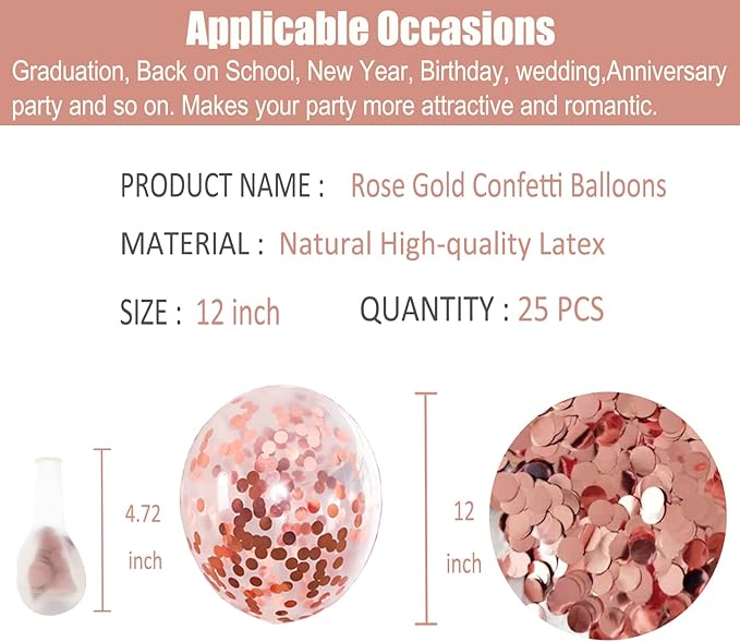 25pcs Rose Gold Foil Confetti Balloons, 12 inch Latex Balloons with Confetti Inside for Birthday Party Decoration