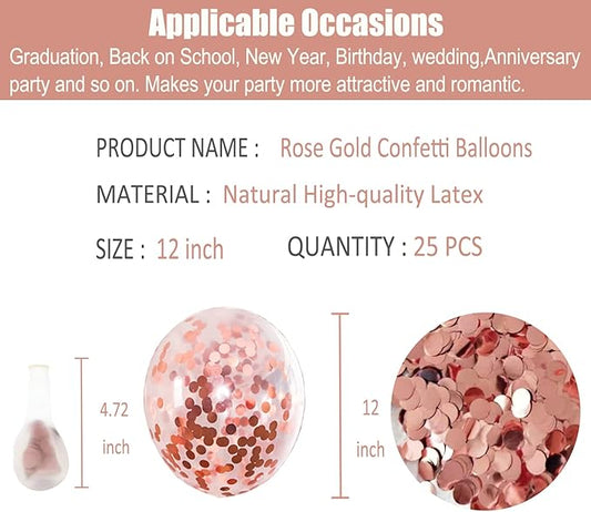 25pcs Rose Gold Foil Confetti Balloons, 12 inch Latex Balloons with Confetti Inside for Birthday Party Decoration