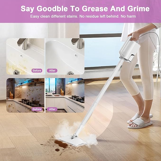Steam Cleaner, 6 in1 Rotated Steam Mop Cleaner with 2 Modes, 2 Microfiber Pads, 400ML Removable Tank, 23FT Power Cable, Detachable Steam Mops for Floor, Laminate Floor, Tiles Cleaning (Tea White)