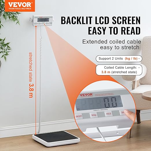 VEVOR Portable Medical Scale, Professional Digital Physician Scale for Weighing - with Anti-Slip Mat, 2 Units (kg/lb), Hold & Tare Function, 550LBS Capacity Physician Wight Scale for Gym Home Hospital