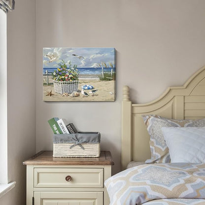 ARTZON Beach Wall Art Decor – Coastal Blue Ocean Seascape Canvas Print, Birds Seagulls Tropical Flowers Modern Landscape Picture for Bathroom or Bedroom Relaxing Summer Sea Scene Artwork 16x12 inch