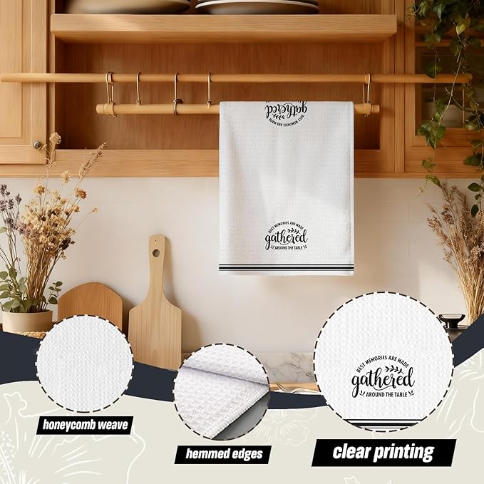 Funny Kitchen Dish Towels, Housewarming Gifts for Women Men, Best Memories are Made Gathered Around The Table Decorative Hand Tea Towels for Kitchen Dining Room, 16x24 Inch