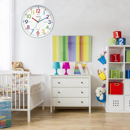 AIRUIFU Wall Clock for Kids Learning to Tell Time, 12 Inch Silent Analog Clock for Kids Room Decor/Bedroom/Classroom/Playroom, Colorful Teaching Clock Helps Kids Easier to Tell Time