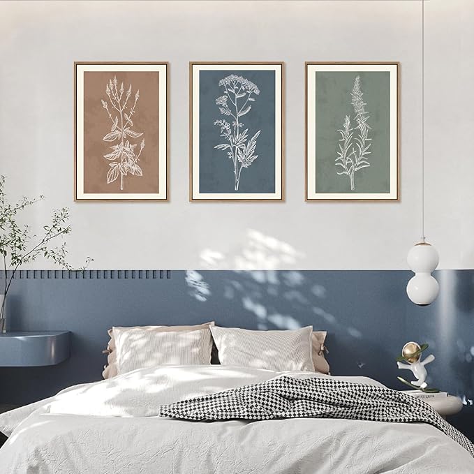 HLNIUC Neutral Botanical Framed Wall Art Set, Boho Minimalist Plant Canvas Wall Decor, Vintage Leaf Wall Painting, Nature Floral Silhouette Art Print for Bedroom, Living Room, Study - 16”x24”x3