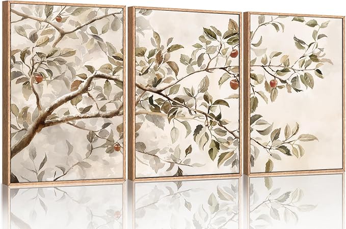 HLNIUC Apple Tree Vintage Framed Wall Art Set, Botanical Branch Canvas Wall Decor, Rustic Farmhouse Leaves Wall Painting, Retro Nature Plant Art Print for Living Room, Bedroom, Office - 16"x24"x3