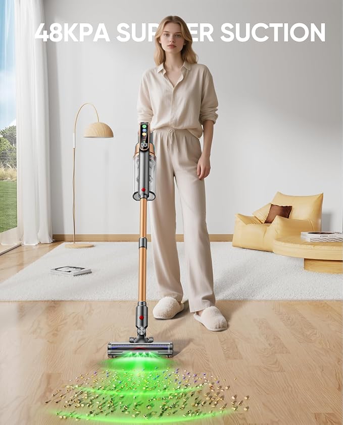 Cordless Vacuum Cleaner, 580W/48KPA/65Mins Vacuum Cleaners for Home, Super 1.8L Cup& Large LED Screen Stick Vacuum Anti-Tangle, Lightweight Cordless Vacuum with Charging Dock for Pet Hair/Carpet/Floor