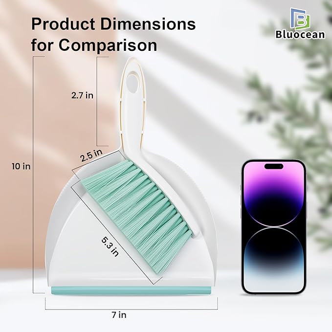 Mini Broom and Dustpan, Plus an Adhesive Hook Set, 7" Dustpan Opening, Bristles for Hair and Small Debris, Mini Portable Hand Brush for Pet, Sofa, Desk, Kitchen (White & Fern Green)