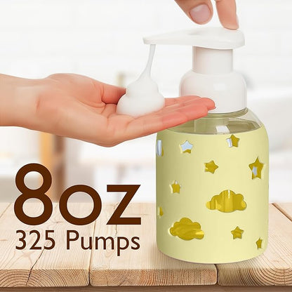 SoCal Suds & Company Glass Foaming Hand Soap Dispenser, Soft Grip Silicone Sleeve, Refillable Pump Bottle for Kids, Baby Wash & Shampoo, Ideal for Home Use, Light Yellow 8oz