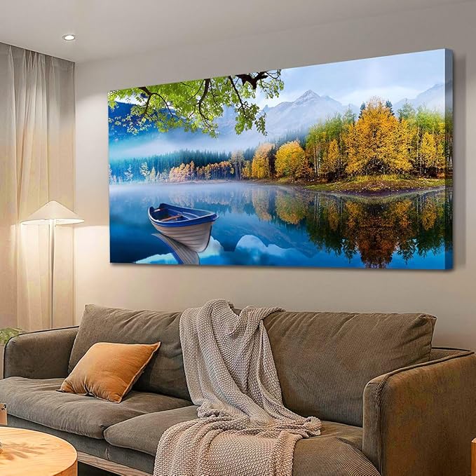 Arjun Lake Canvas Wall Art for Living Room Blue Mountain Picture Bedroom Sky Nature Landscape Boat Artwork Modern Scenic Nature Painting Framed Large Size Home Office Dining Room Wall Decor 40"x20"