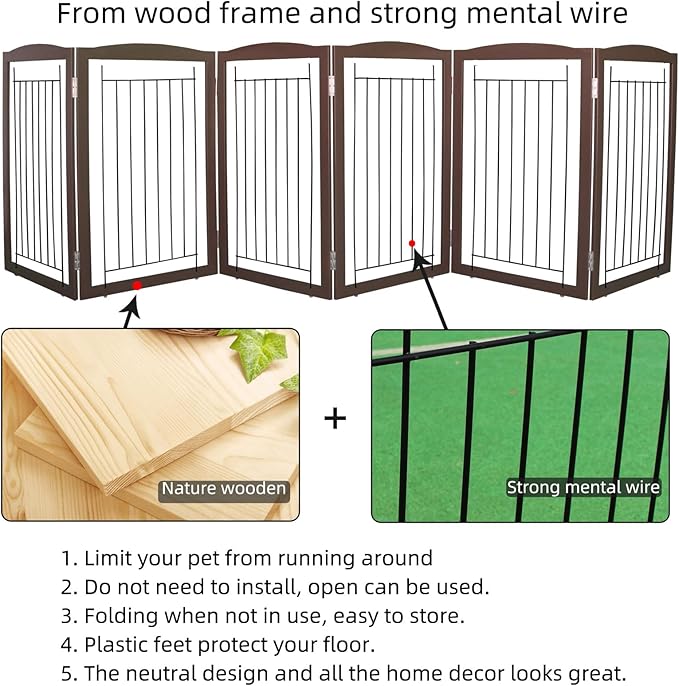 ZJSF Freestanding Foldable Dog Gate for House Extra Wide Wooden Brown Puppy Gate Stairs Dog Gates Doorways Tall Pet Gate 24 "Height 6 Panels Pet Fence