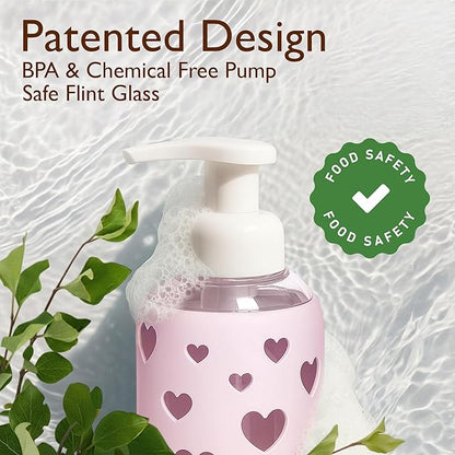 SoCal Suds & Company Glass Foaming Hand Soap Dispenser, Heart Silicone Sleeve, Refillable Pump Bottle for Kids, Baby Wash & Shampoo, Ideal for Home Use, Soft Pink 8oz