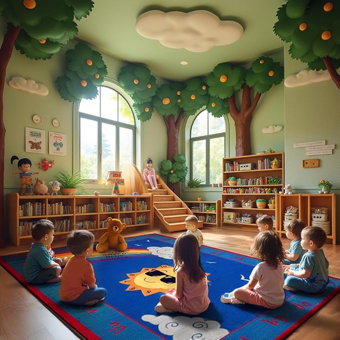 Shine Bright Learning Rainbow Rug 7'6" x 12' Rectangle for School or Classroom | Kids Learning Numbers, Colors & Alphabets | Playroom Area Rug