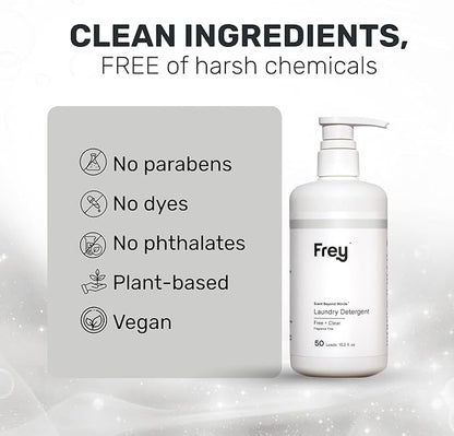 FREY Concentrated Liquid Laundry Detergent | Formulated for Sensitive Skin & HE Washers | Removes Stains Effectively | 50 Loads per Bottle (1-pack Unscented)