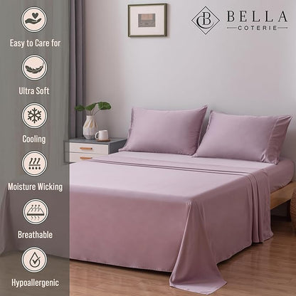 Bella Coterie Luxury Bamboo Viscose Split King Size Sheet Set | 100% Organically Grown | Ultra Soft | Cooling for Hot Sleepers | 18" Deep Pocket [Lilac]