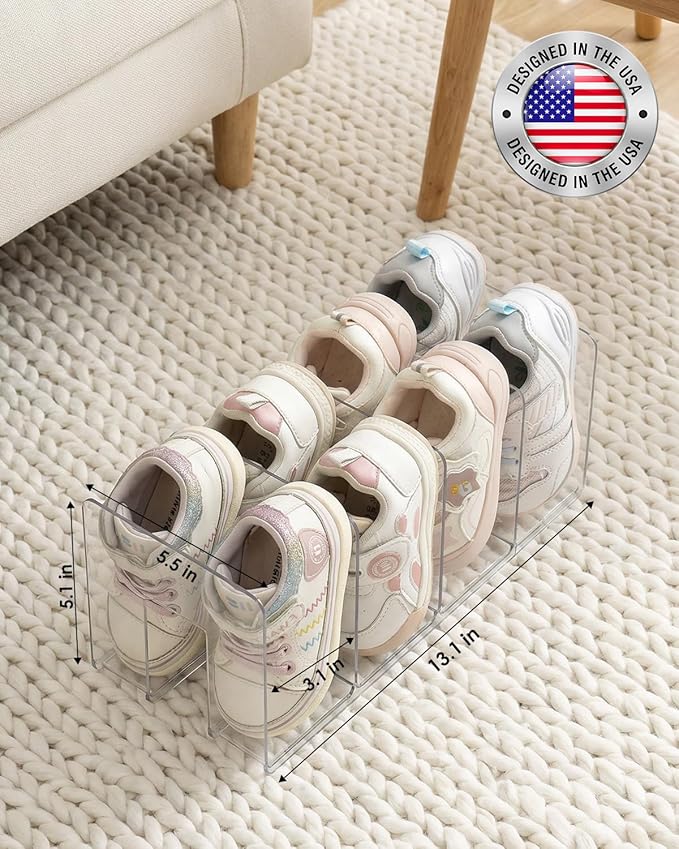 HAYVAN Kids Shoe Rack & Organizer, 4 Pack Clear Acrylic Baby Toddler Shoe Shelf, Stackable Closet Storage & Multi-Use Desk File Sorter Book Purse Organizer