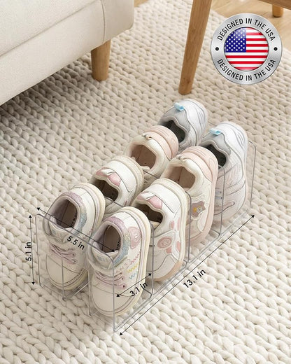 HAYVAN Kids Shoe Rack & Organizer, 4 Pack Clear Acrylic Baby Toddler Shoe Shelf, Stackable Closet Storage & Multi-Use Desk File Sorter Book Purse Organizer
