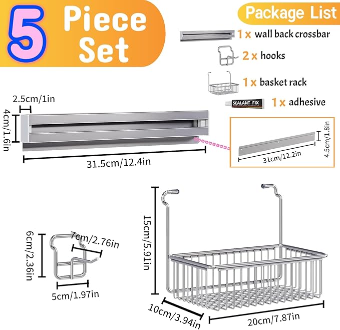 MINGLING Shower Caddy Hanging with Wall Back Crossbar, Rustproof 304 Stainless Steel Shower Organizer, Adhesive Bathroom Wall Storage Basket for Kitchen and Home Decor