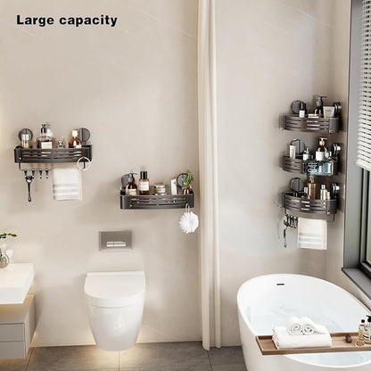 VOLPONE Shower Caddy Suction Cup No Drilling Suction Cup Shower Shelf Aluminum Bathroom Shower Organizer Storage Rack Adhesive with Towel Bar Hooks (2-Pack, Matte Gray)