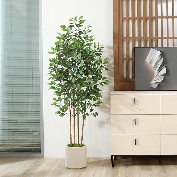 Ficus Artificial Tree 6ft Fake Silk Plant for Home Decor Indoor, Faux Floor Tree in White Imitation Ceramic Planter with Green Fake Moss for Home Office Corner Indoor Decor, Set of 1