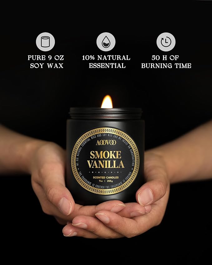 AOOVOO Scented Candle for Home Scented - Wood & Vanilla Scented Candles | Strong Fragranced Soy Mens Candles | Masculine Candle, Wood Wicked Candles | Smokey & Vanilla Candle in Black Jar, AO-LZY0152