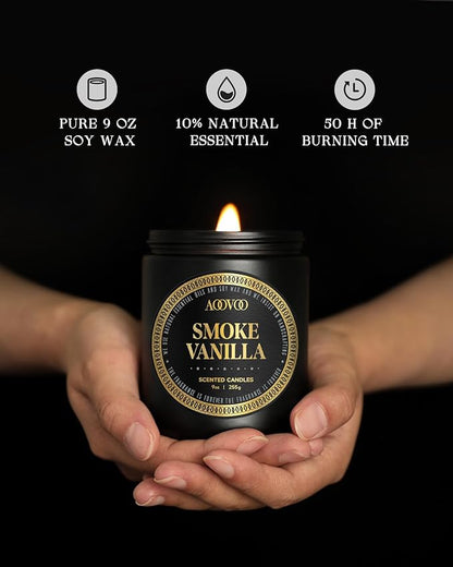 AOOVOO Scented Candle for Home Scented - Wood & Vanilla Scented Candles | Strong Fragranced Soy Mens Candles | Masculine Candle, Wood Wicked Candles | Smokey & Vanilla Candle in Black Jar, AO-LZY0152