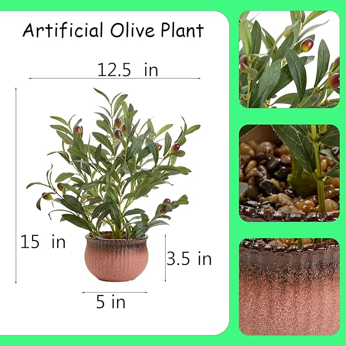 15'' Artificial Olive Plants Decorative Fake Plant in Matte Terracotta Planter Small Faux Plants Indoor Perfect for Modern Home Farmhouse Bathroom Kitchen Bedroom or Office Tabletop Decor
