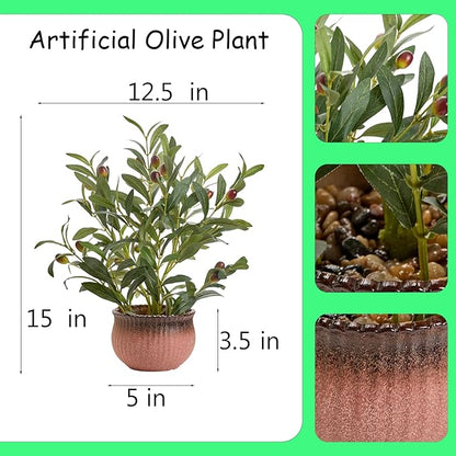 15'' Artificial Olive Plants Decorative Fake Plant in Matte Terracotta Planter Small Faux Plants Indoor Perfect for Modern Home Farmhouse Bathroom Kitchen Bedroom or Office Tabletop Decor