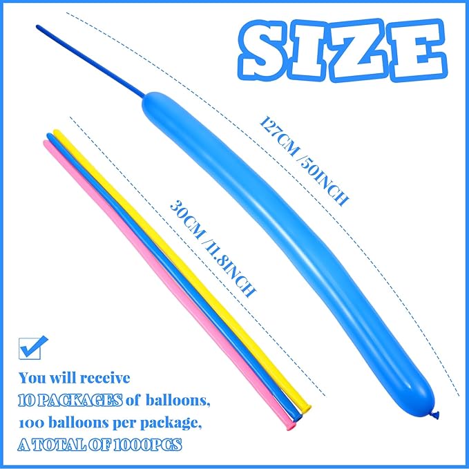 Sratte 1000 Pcs Bulk Animal Balloons 260Q Twisting Long Balloon Assorted Color for Halloween Animal Shape Weddings, Birthdays Clowns, Xmas Presents(Bright Colors)