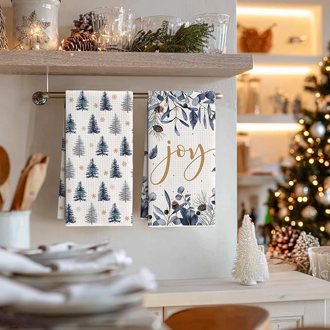 Artoid Mode Blue Xmas Tree Pinecone Christmas Bar Kitchen Towels, 12x24 Inch Quick Dry Microfiber Cloth Dish Towels for Kitchen Drying Set of 4
