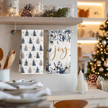 Artoid Mode Blue Xmas Tree Pinecone Christmas Bar Kitchen Towels, 12x24 Inch Quick Dry Microfiber Cloth Dish Towels for Kitchen Drying Set of 4