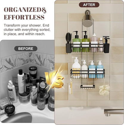 Shower Caddy Hanging for Bathroom Organizers and Storage, Adjustable Anti-Swing Shower Organizer for Wall-Mounted Showerhead with Heavy-Duty Suction Cups, Damage-Free Rustproof (Black)