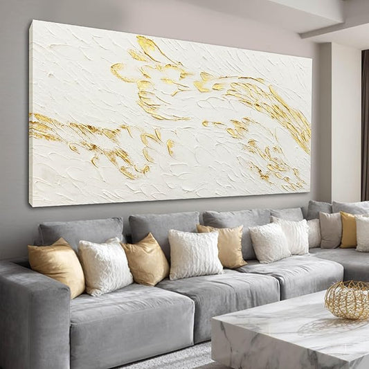 SOUGUAN Textured Walls Art White and Gold Wall Decorations Contemporary Artwork for Walls 29"x58" Canvas Paintings for Living Room Dining Room