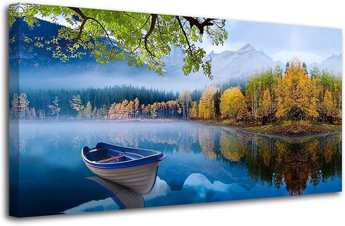 Arjun Lake Canvas Wall Art for Living Room Blue Mountain Picture Bedroom Sky Nature Landscape Boat Artwork Modern Scenic Nature Painting Framed Large Size Home Office Dining Room Wall Decor 40"x20"