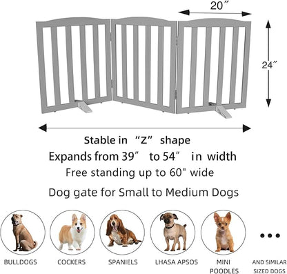 ZJSF Foldable Freestanding Indoor Dog Gate for House Wood Long Pet Gates Dog Fence for Stairs Puppy Gates for Hallways, Puppy Gate,Support Feet Included, Grey, 24 "Height-3 Panels