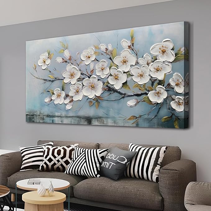 Anolyfi White Textured Flowers Wall Art for Living Room Canvas Painting, Modern Elegant Landscape Wall Art for Dining Room Bedroom Hallway Kitchen Office Home 40"x20"