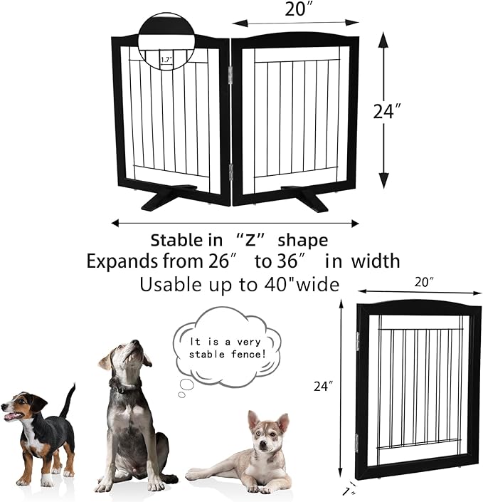 ZJSF Freestanding Dog Fence Indoor, Foldable Dog Gate for Doorways, Stairs or Hallways, Sturdy Wood Extra Wide Pet Gate with Support Feet for The House, Black, 24 "Height-2 Panels